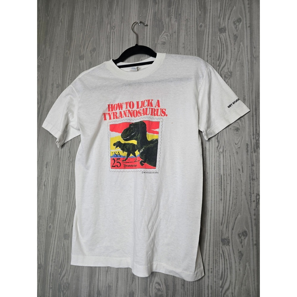 Vintage 1989 USPS Stamp Stuff Dinosaur T-Shirt How To Lick A Tyrannosaurus Med